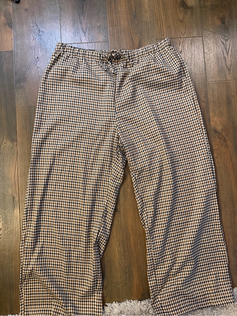 Wide Leg Gingham Pull-On Drawstring Trouser Pants in Brown Plaid